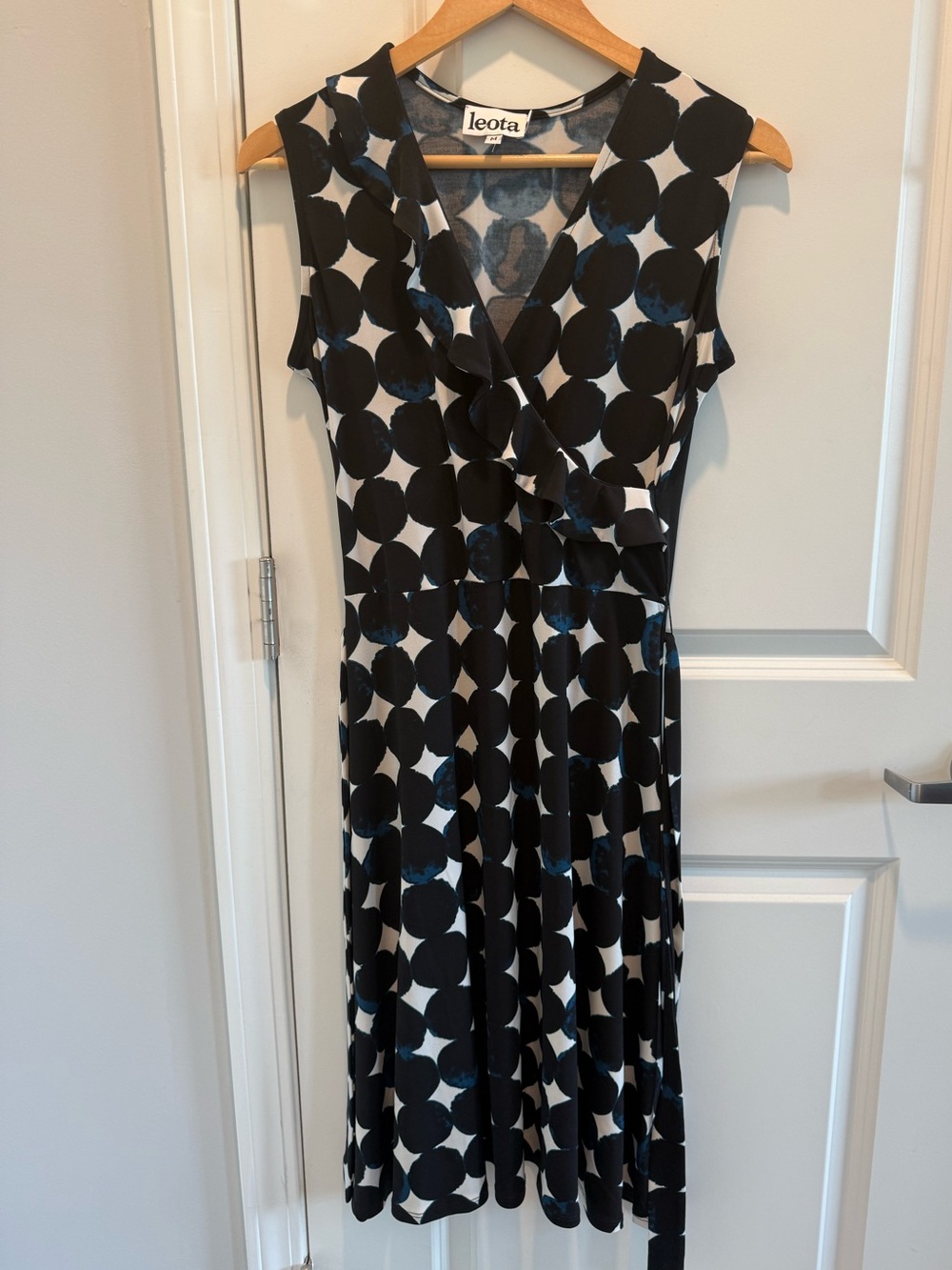 Leota Faux Wrap Ruffle Dress M Black White Blue Polka Dot Made in USA